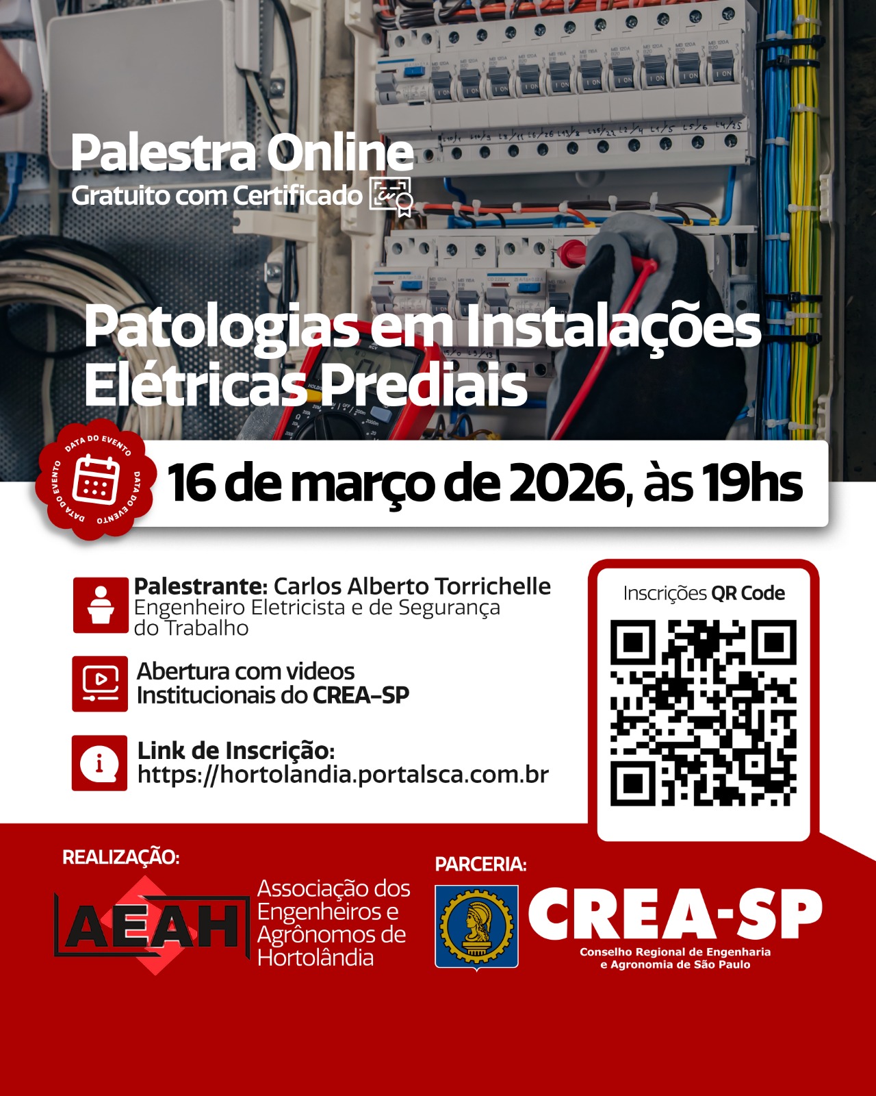 Banner da palestra de 16 de março de 2026 sobre Patologia em Instalações Elétricas Prediais